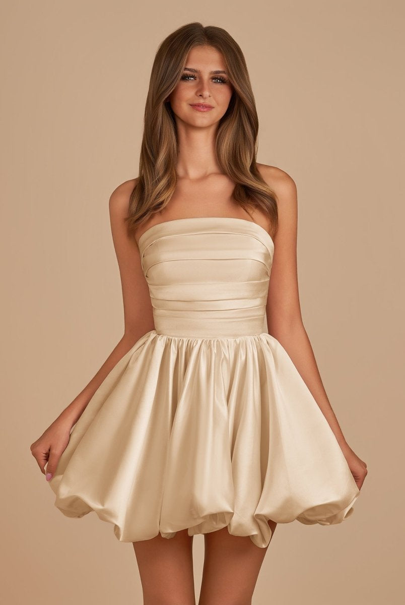Jani | Champagne - A Line Strapless Satin Bubble Hem Short Homecoming Dresses