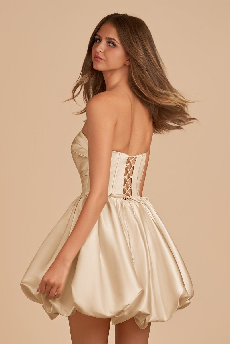 Jani | Champagne - A Line Strapless Satin Bubble Hem Short Homecoming Dresses