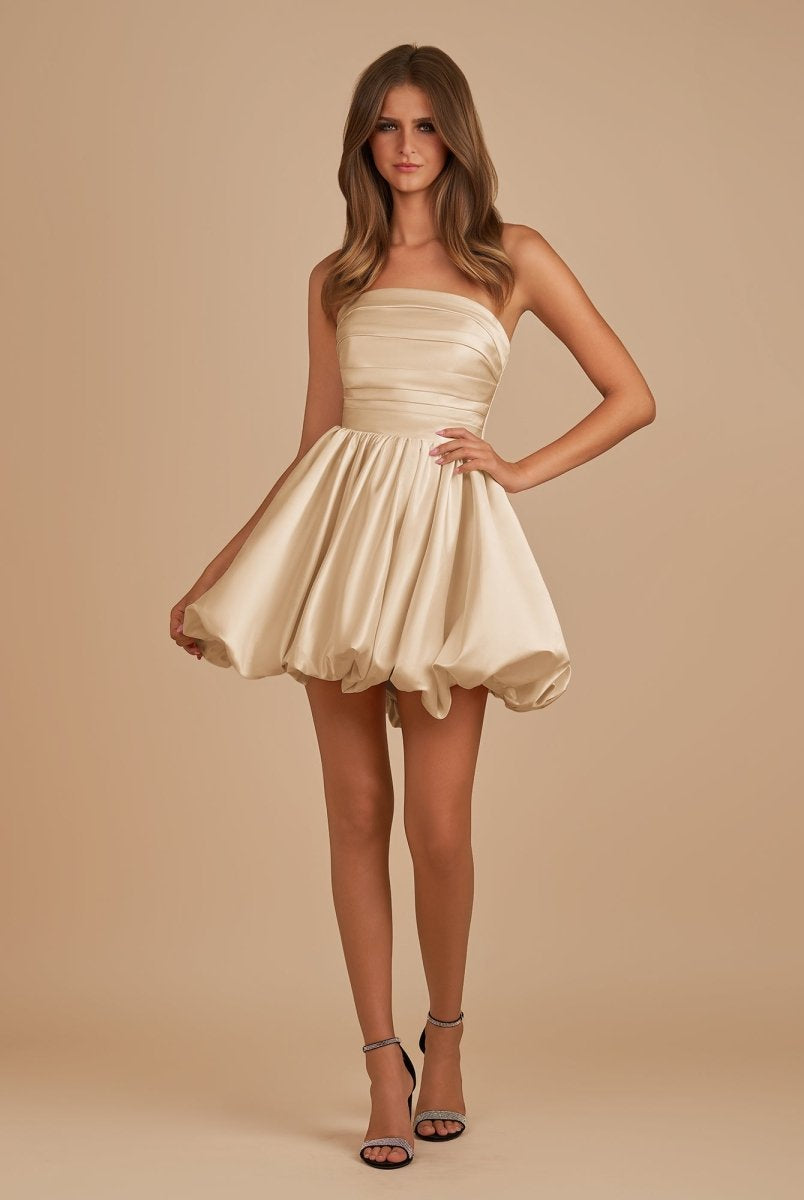 Jani | Champagne - A Line Strapless Satin Bubble Hem Short Homecoming Dresses