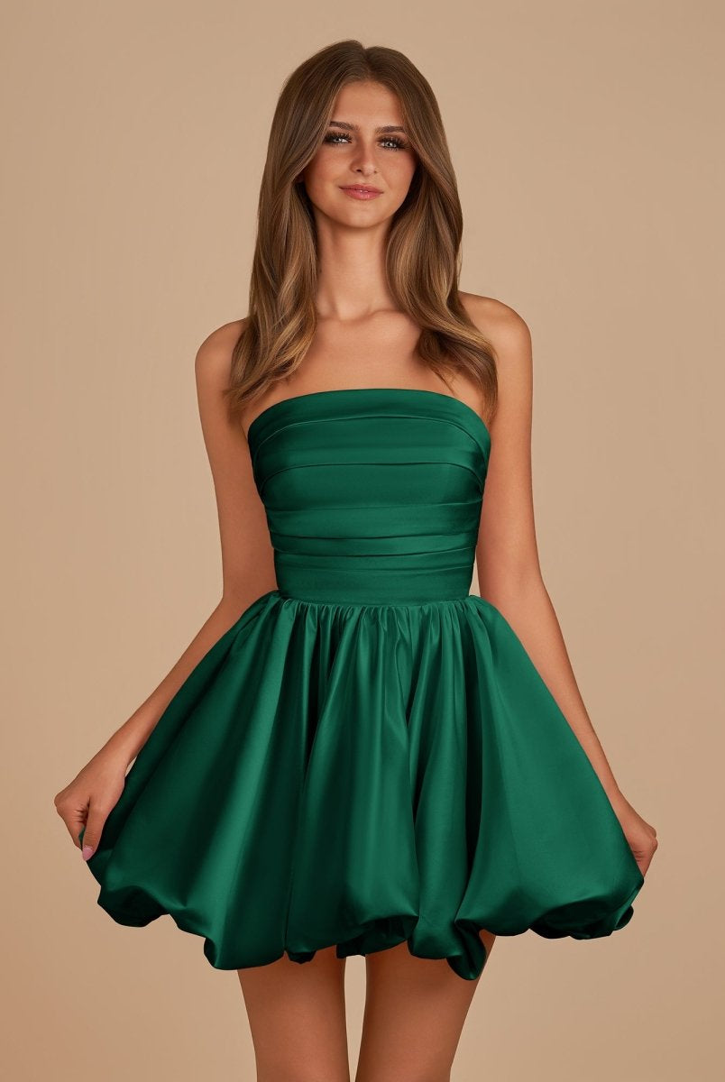 Jani | Dark Green - A Line Strapless Satin Bubble Hem Short Homecoming Dresses