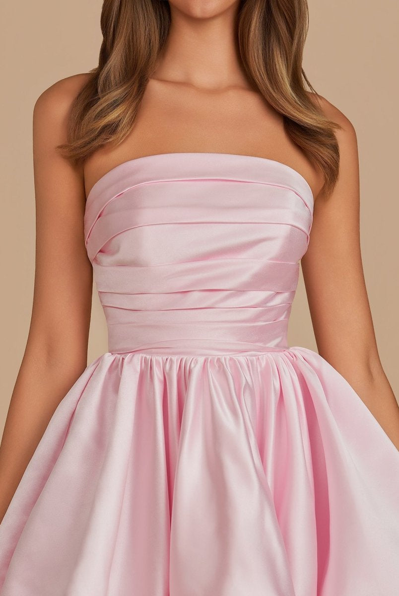 Jani | Pink - A Line Strapless Satin Bubble Hem Short Homecoming Dresses