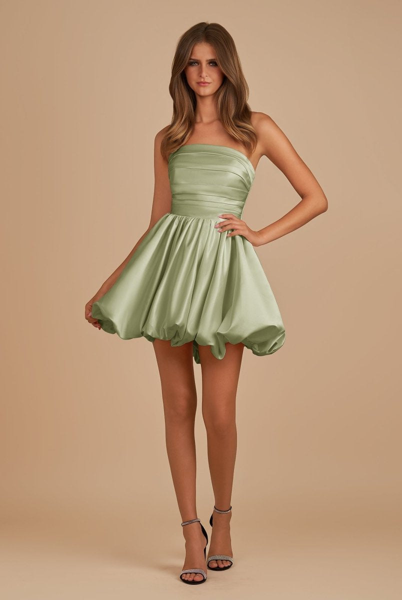 Jani | Sage - A Line Strapless Satin Bubble Hem Short Homecoming Dresses