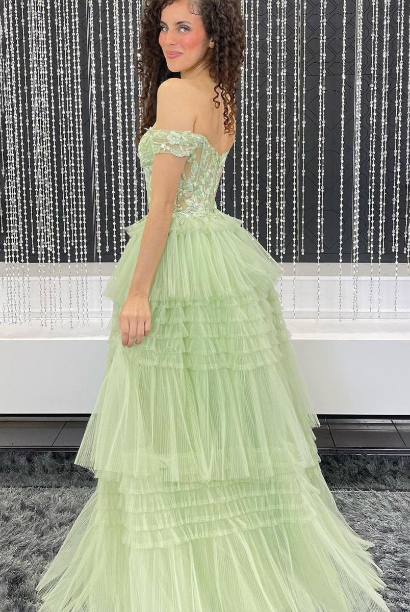 Jara | Light Blue Off the Shoulder Tulle Prom Dress With Appliques - KissProm