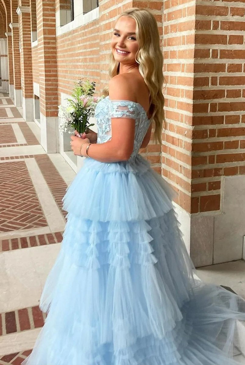 Jara | Light Blue Off the Shoulder Tulle Prom Dress With Appliques - KissProm