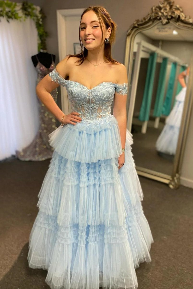 Jara | Light Blue Off the Shoulder Tulle Prom Dress With Appliques - KissProm
