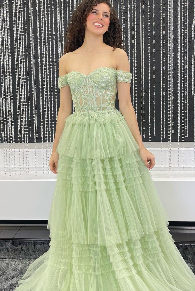 Jara | Light Blue Off the Shoulder Tulle Prom Dress With Appliques - KissProm