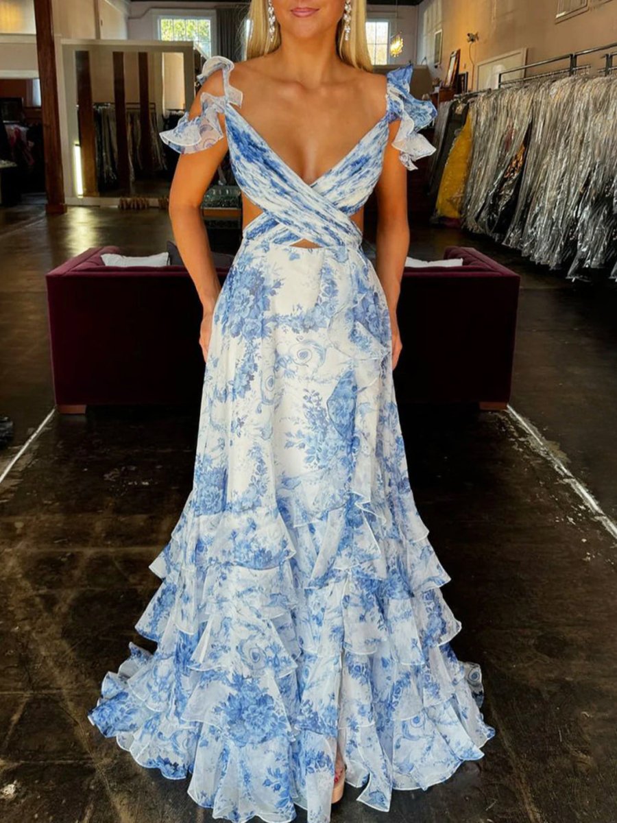 A Line V Neck Sweetheart Floral Chiffon Tiered Long Prom Dress with Slit VK030502