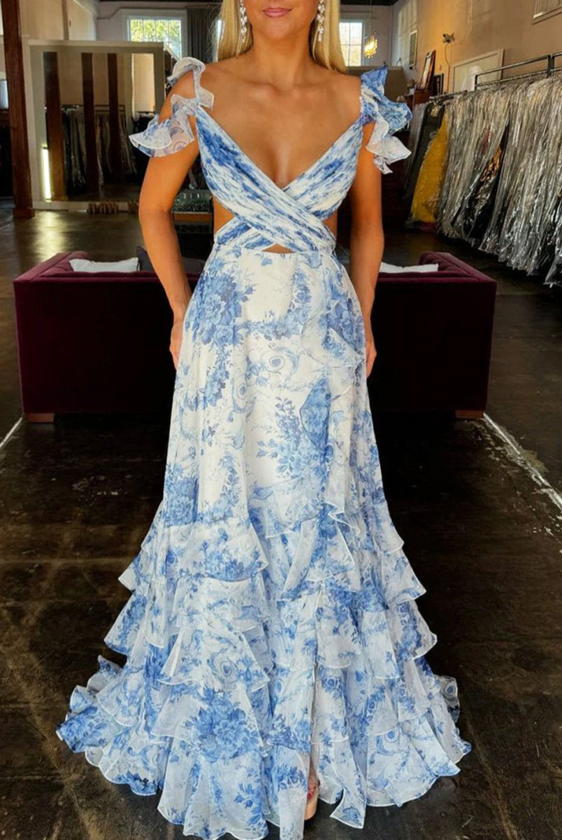 Jazzy | V Neck A-line Floral Printed Chiffon Slit Prom Dress