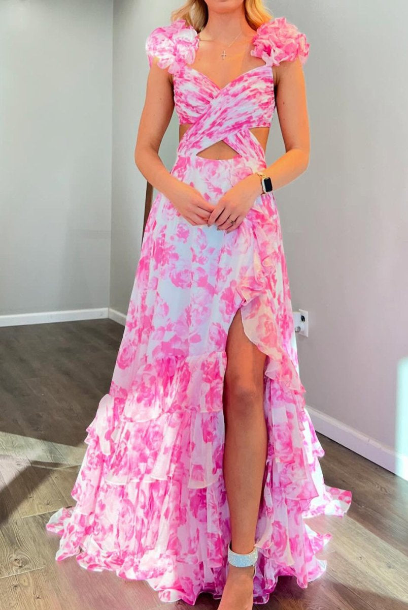 Jazzy | V Neck A-line Floral Printed Chiffon Slit Prom Dress