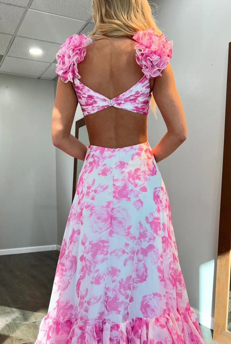 Jazzy | V Neck A-line Floral Printed Chiffon Slit Prom Dress