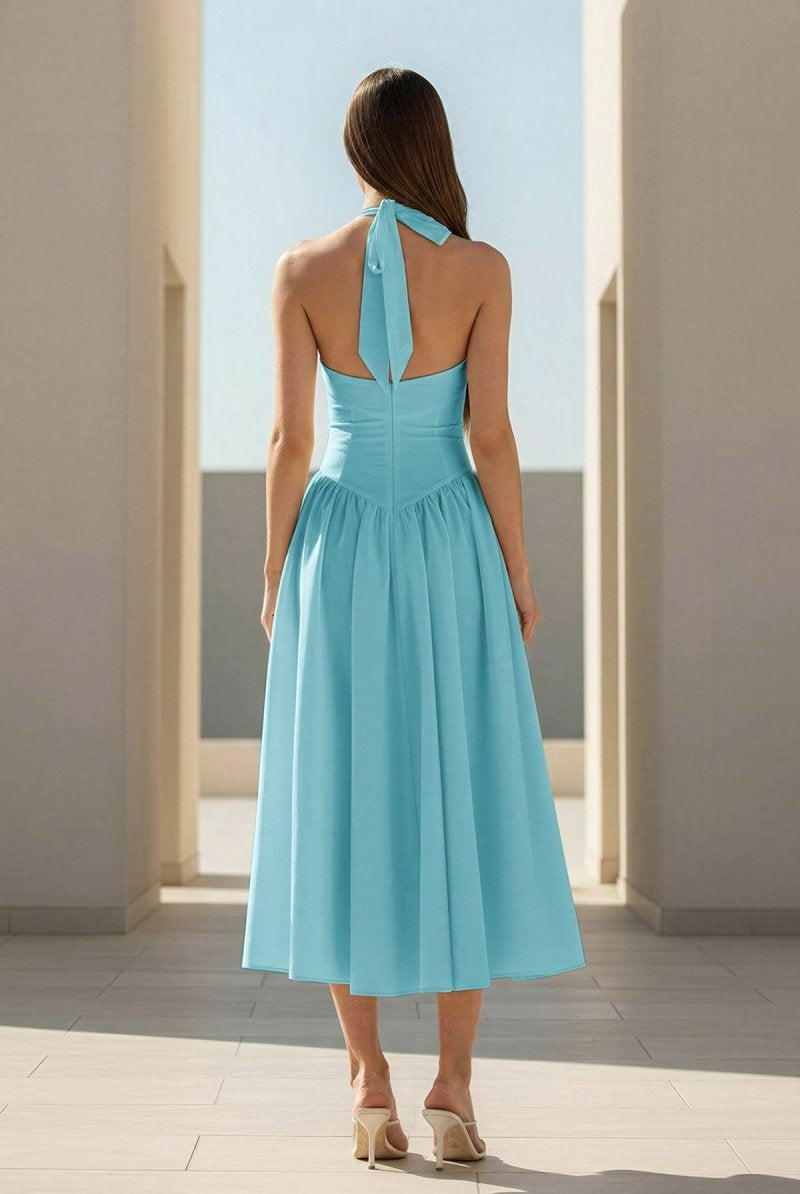 Jehona | Yellow - Halter A Line Satin Pleated Tea Length Formal Prom Dresses - KissProm