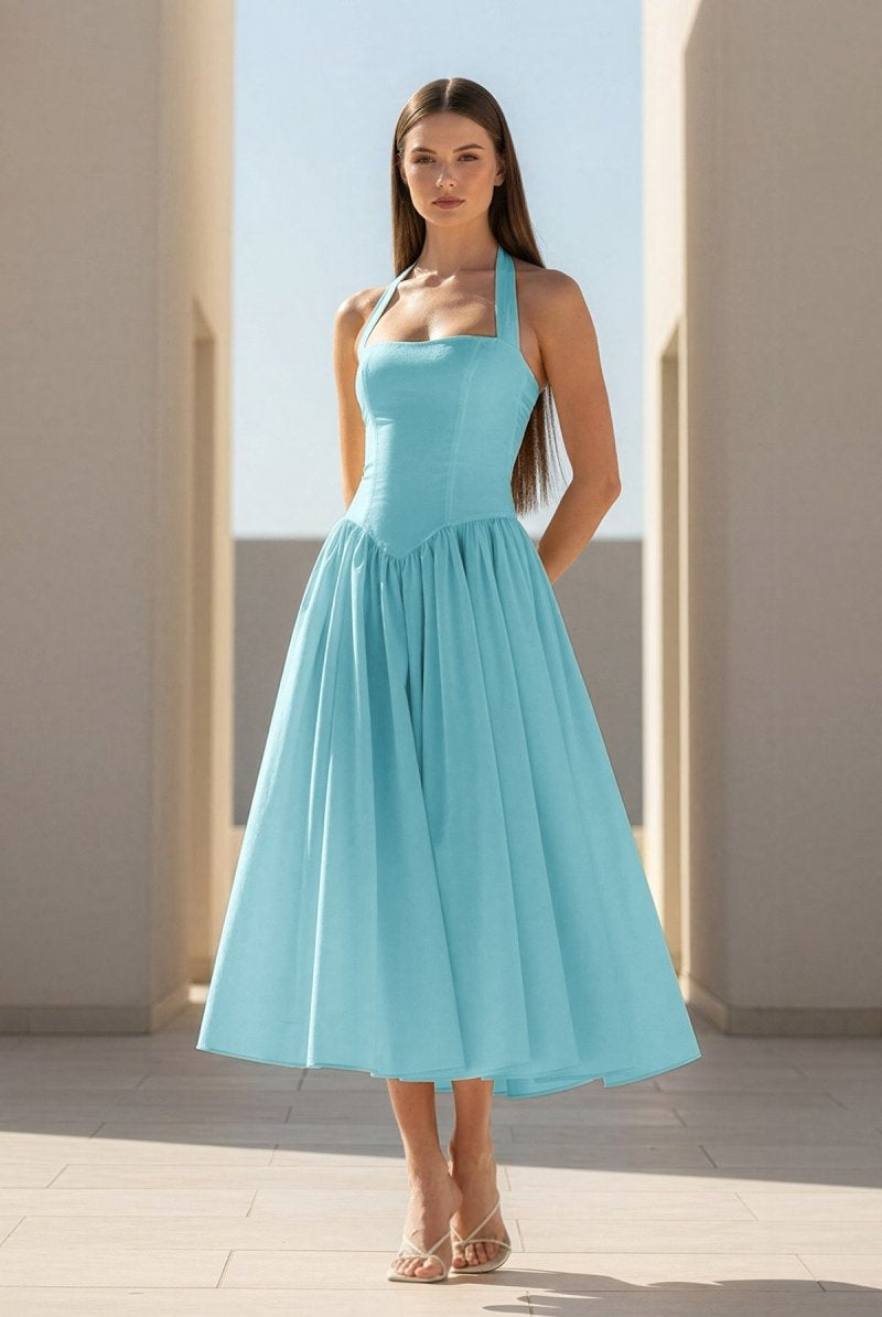 Jehona | Yellow - Halter A Line Satin Pleated Tea Length Formal Prom Dresses - KissProm