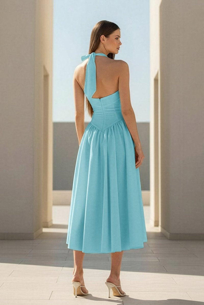 Jehona | Yellow - Halter A Line Satin Pleated Tea Length Formal Prom Dresses - KissProm