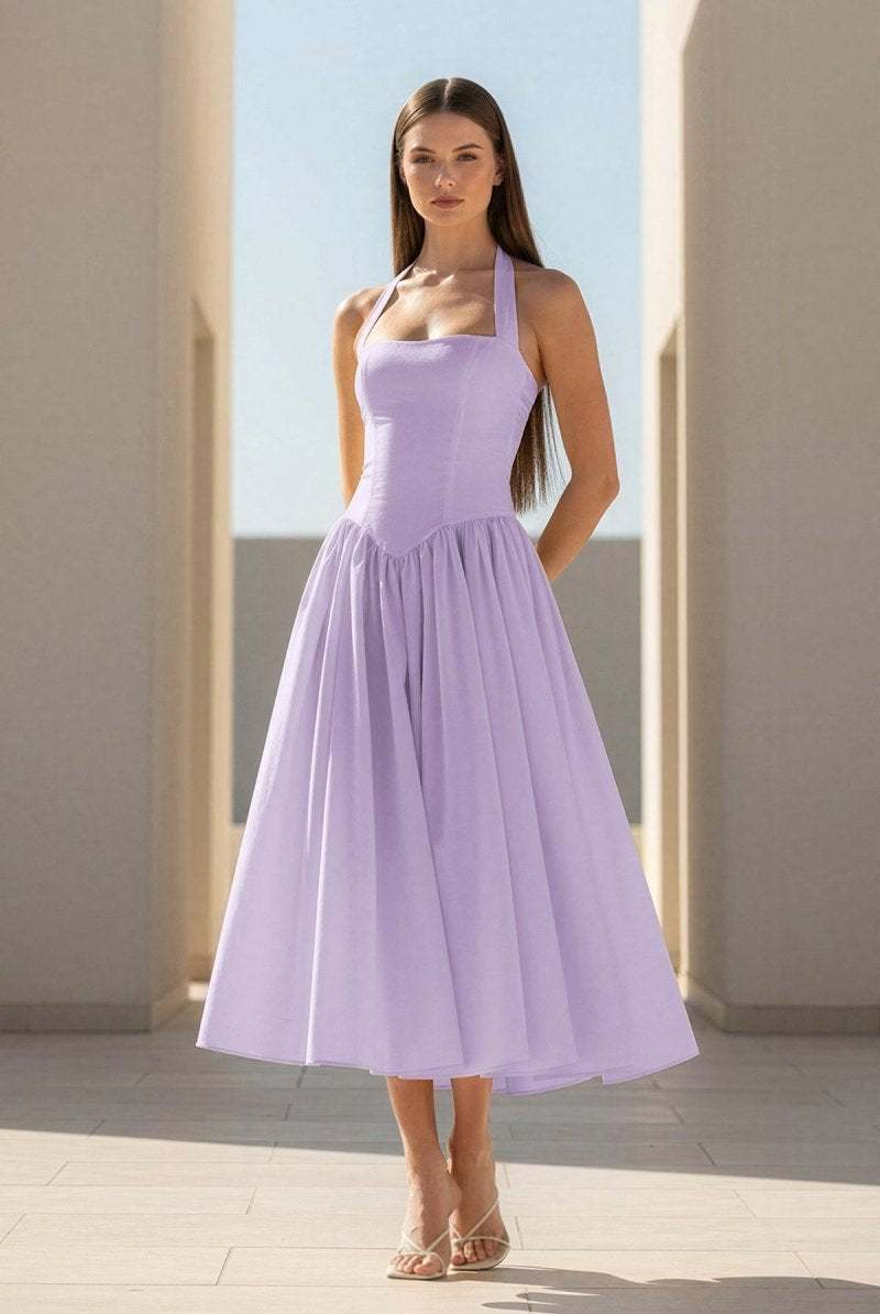 Jehona | Yellow - Halter A Line Satin Pleated Tea Length Formal Prom Dresses - KissProm