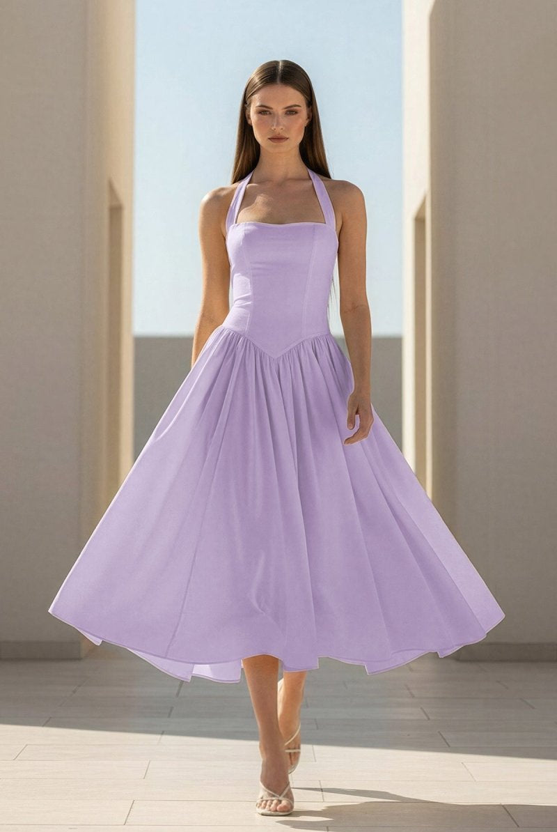 Jehona | Yellow - Halter A Line Satin Pleated Tea Length Formal Prom Dresses - KissProm