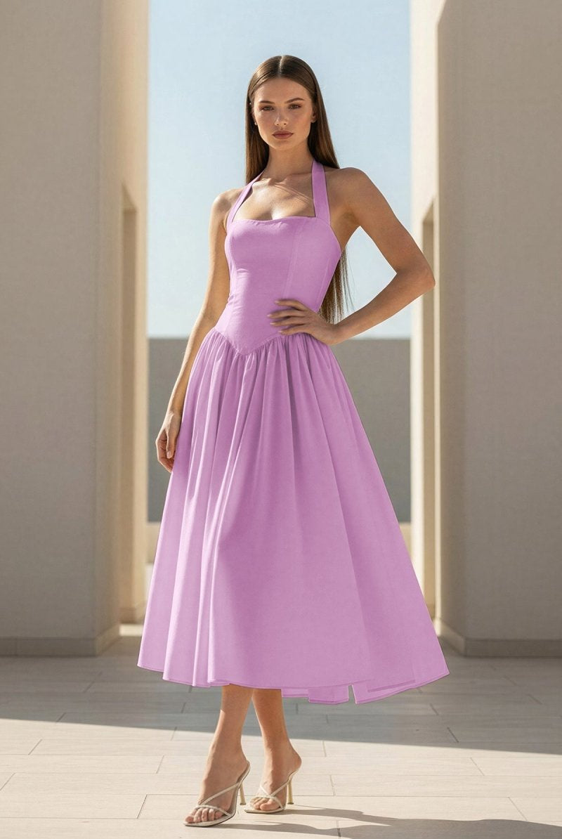 Jehona | Yellow - Halter A Line Satin Pleated Tea Length Formal Prom Dresses - KissProm