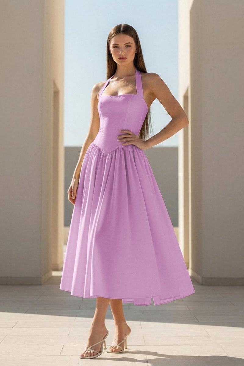 Jehona | Yellow - Halter A Line Satin Pleated Tea Length Formal Prom Dresses - KissProm