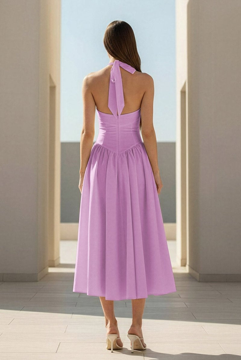 Jehona | Yellow - Halter A Line Satin Pleated Tea Length Formal Prom Dresses - KissProm