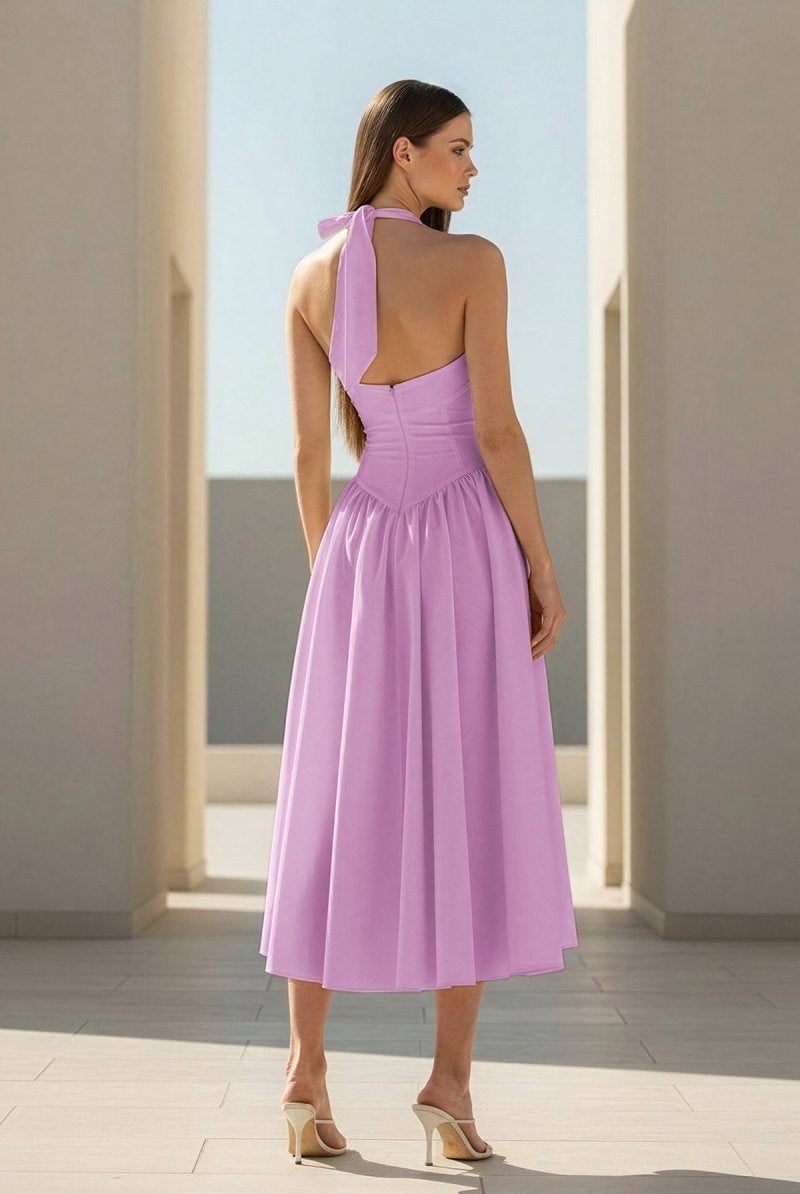 Jehona | Yellow - Halter A Line Satin Pleated Tea Length Formal Prom Dresses - KissProm