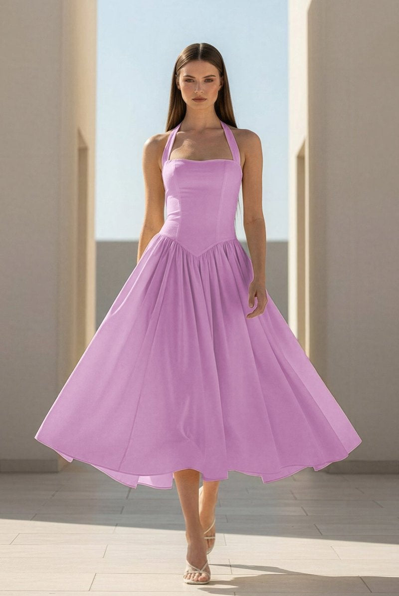 Jehona | Yellow - Halter A Line Satin Pleated Tea Length Formal Prom Dresses - KissProm