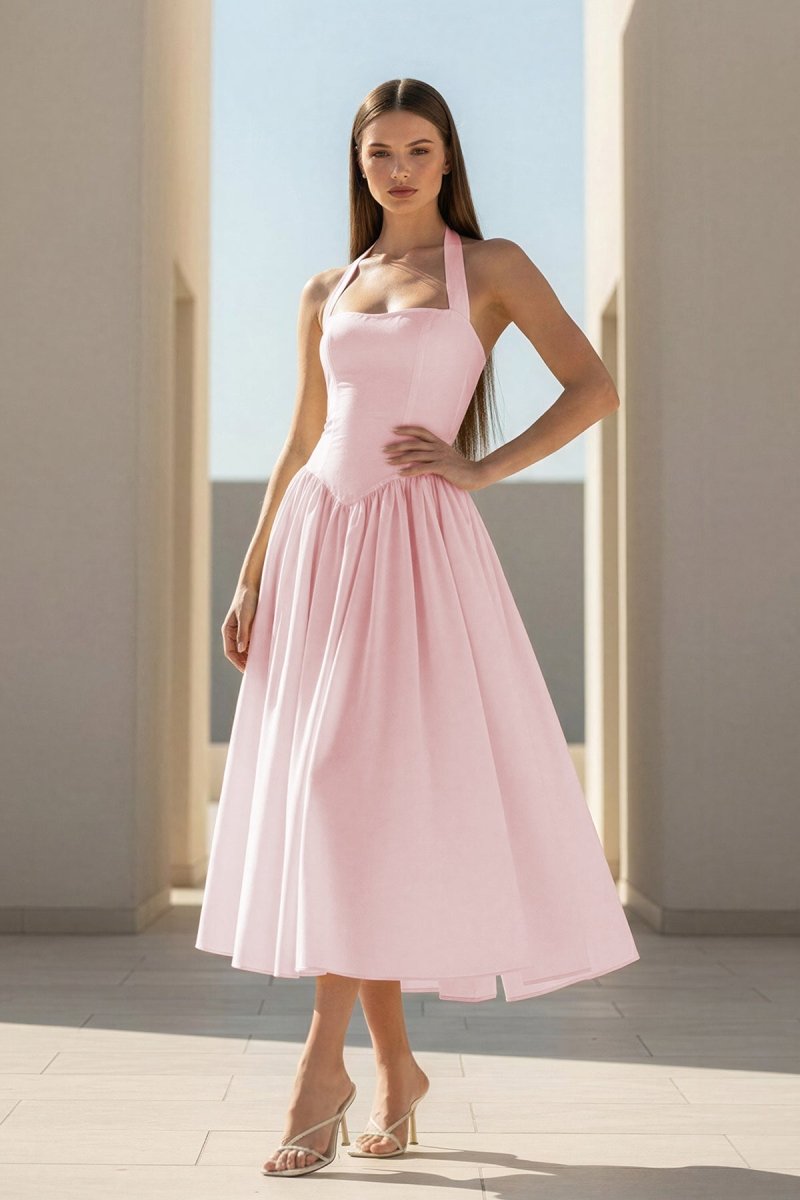 Jehona | Yellow - Halter A Line Satin Pleated Tea Length Formal Prom Dresses - KissProm