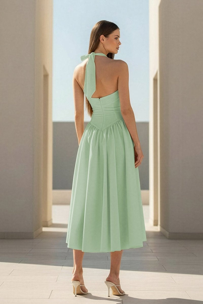 Jehona | Yellow - Halter A Line Satin Pleated Tea Length Formal Prom Dresses - KissProm