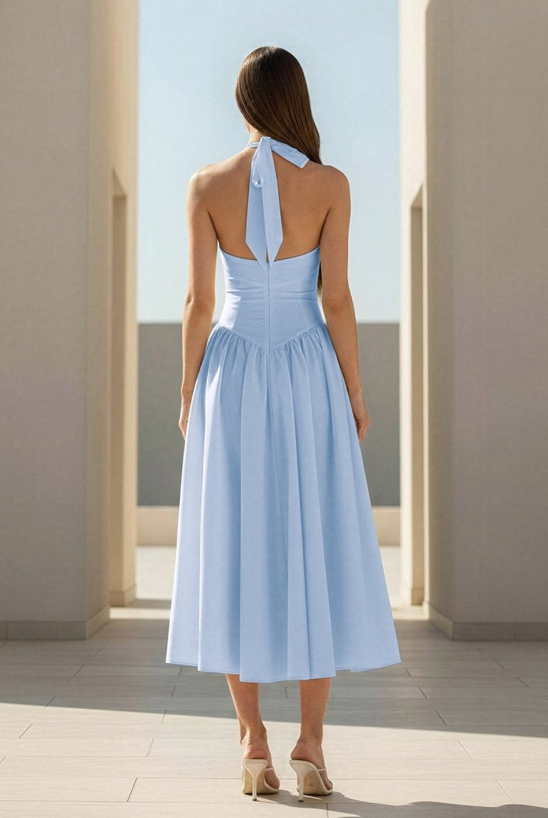 Jehona | Yellow - Halter A Line Satin Pleated Tea Length Formal Prom Dresses - KissProm