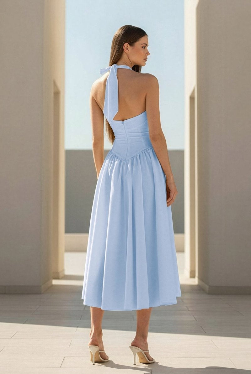 Jehona | Yellow - Halter A Line Satin Pleated Tea Length Formal Prom Dresses - KissProm