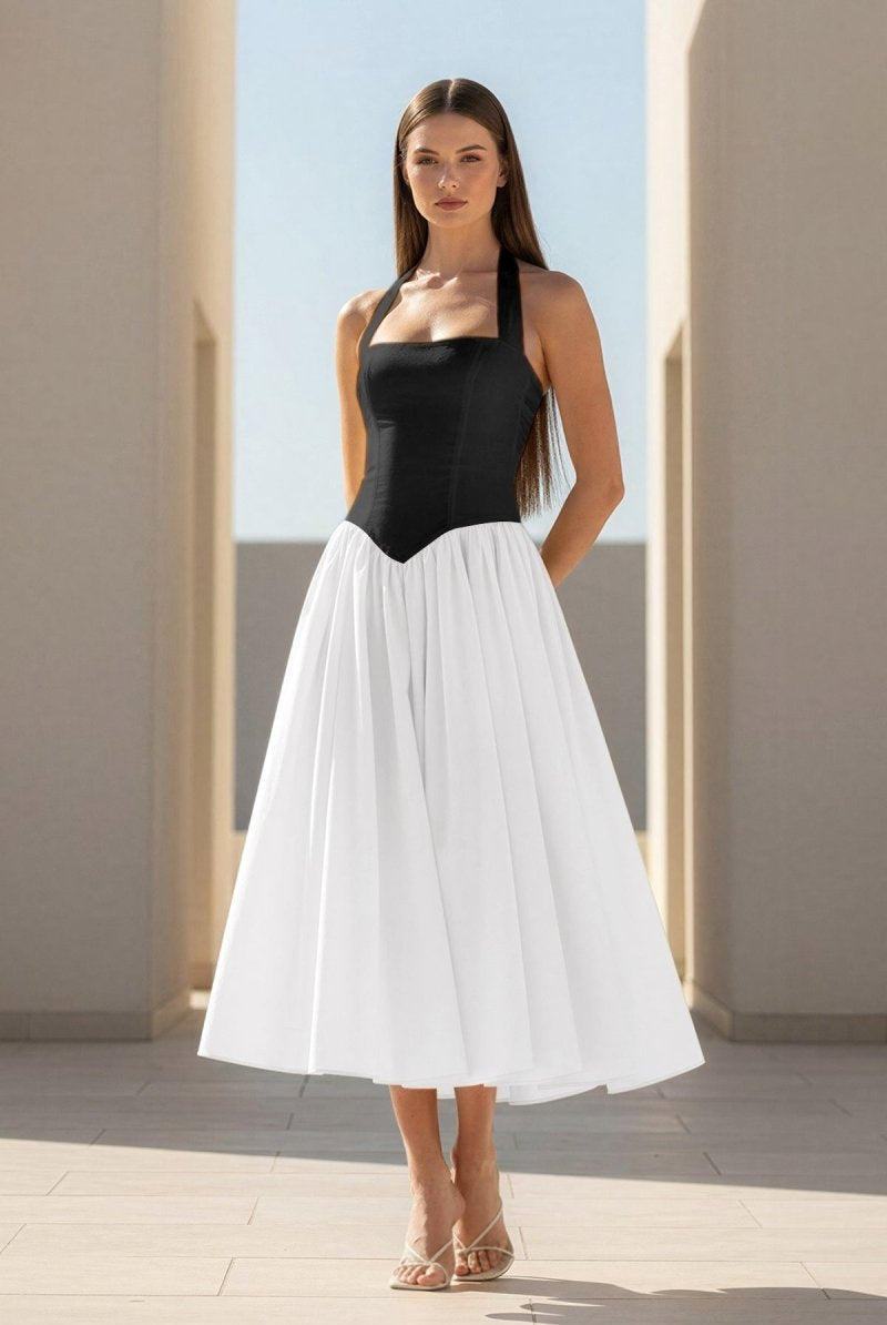 Jehona | Yellow - Halter A Line Satin Pleated Tea Length Formal Prom Dresses - KissProm