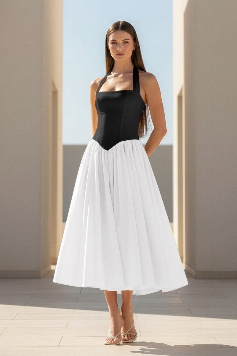 Jehona | Yellow - Halter A Line Satin Pleated Tea Length Formal Prom Dresses - KissProm