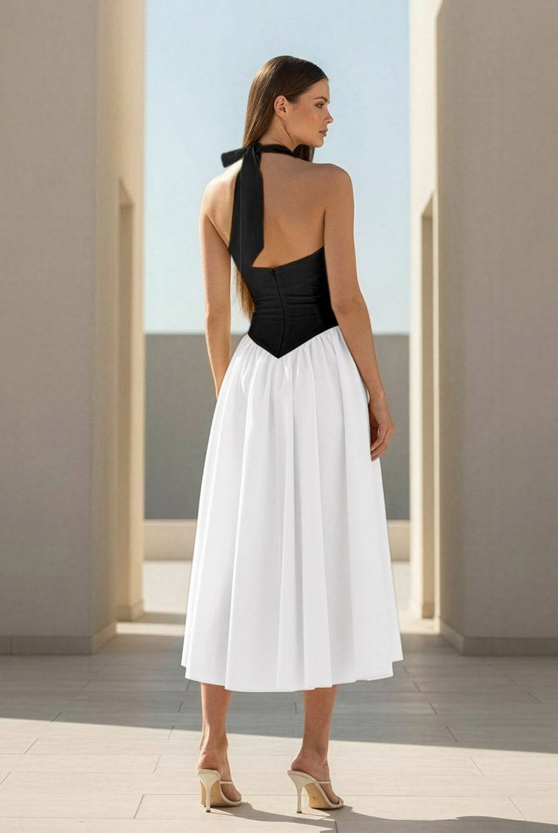 Jehona | Yellow - Halter A Line Satin Pleated Tea Length Formal Prom Dresses - KissProm