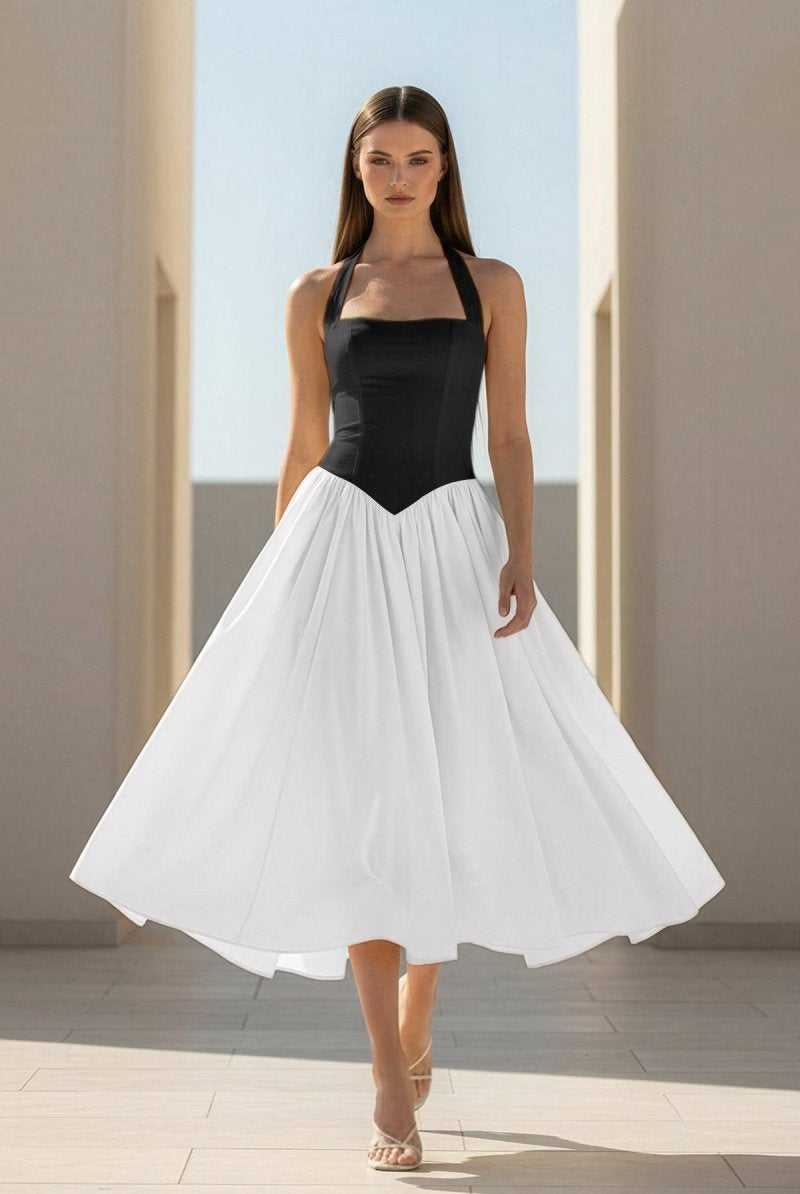 Jehona | Yellow - Halter A Line Satin Pleated Tea Length Formal Prom Dresses - KissProm