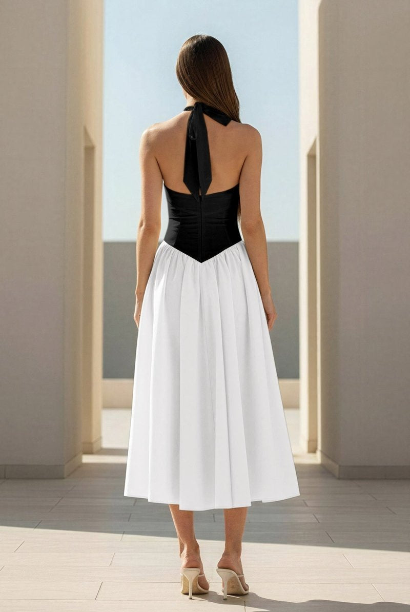 Jehona | Yellow - Halter A Line Satin Pleated Tea Length Formal Prom Dresses - KissProm