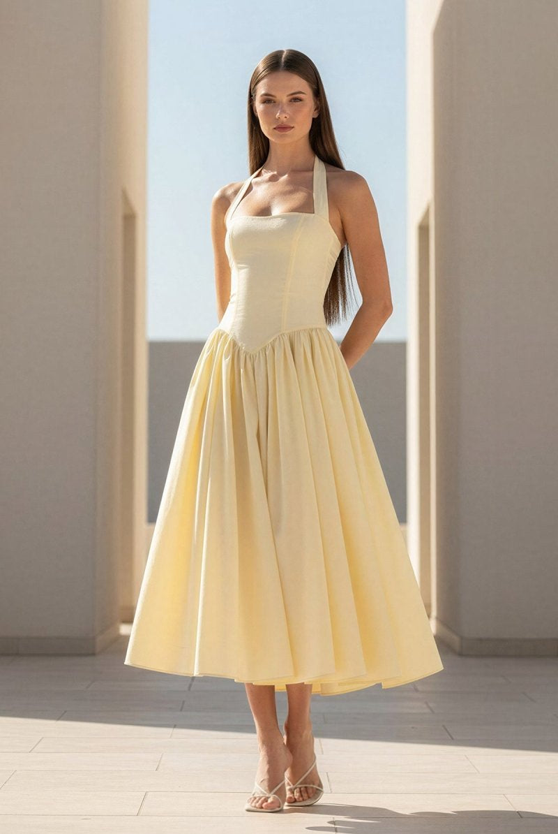 Jehona | Yellow - Halter A Line Satin Pleated Tea Length Formal Prom Dresses - KissProm