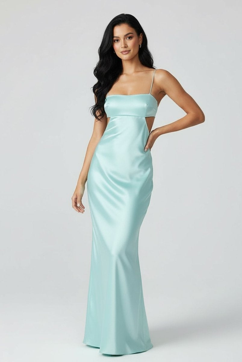 Jelissa | Spaghetti Straps Sheath Aqua Blue Prom Dress Formal Satin Party Dress - KissProm
