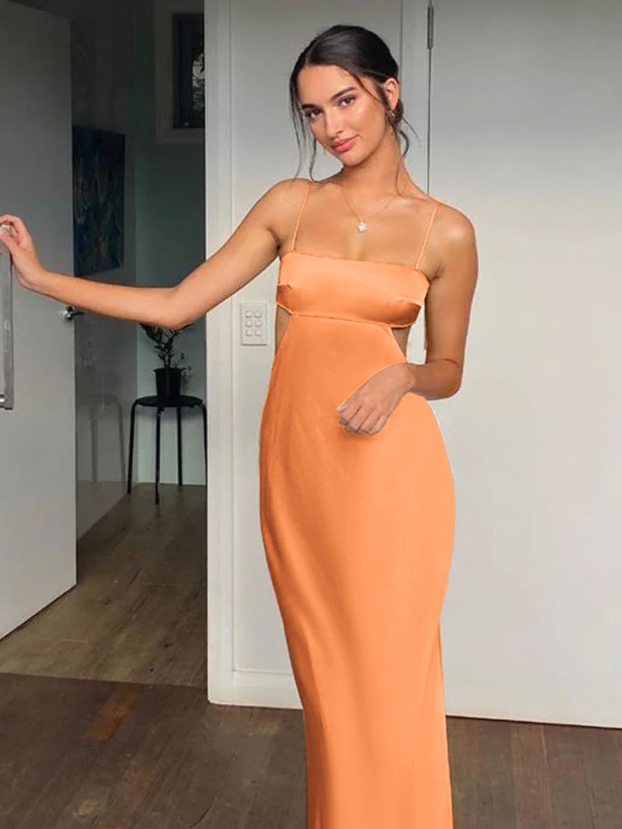 KissProm-Jelissa Spaghetti Straps Sheath Orange Prom Dress Formal Satin Party Dress