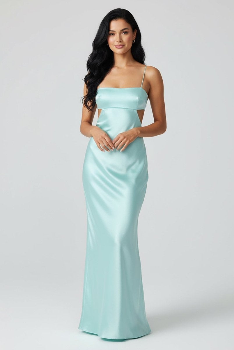 Jelissa | Spaghetti Straps Sheath Aqua Blue Prom Dress Formal Satin Party Dress - KissProm