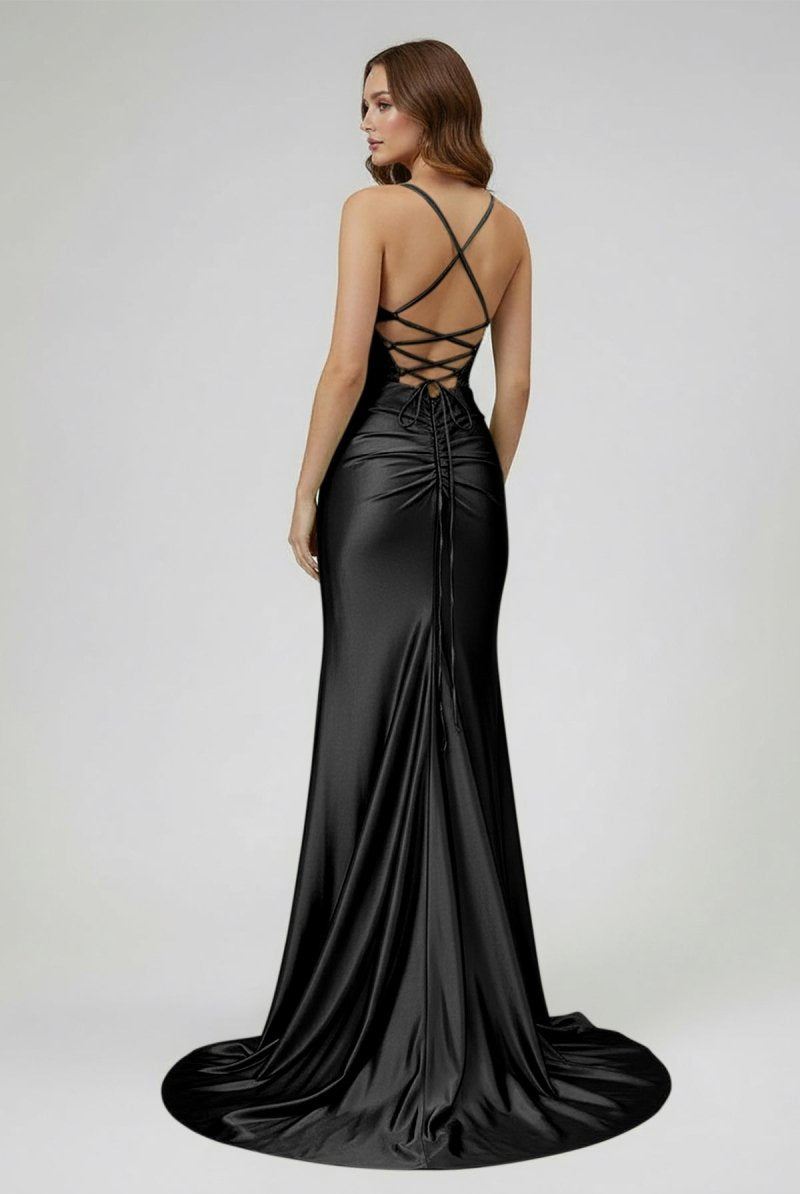 Jeni | Sage Scoop Neck Satin Mermaid Long Prom Dress with Slit - KissProm