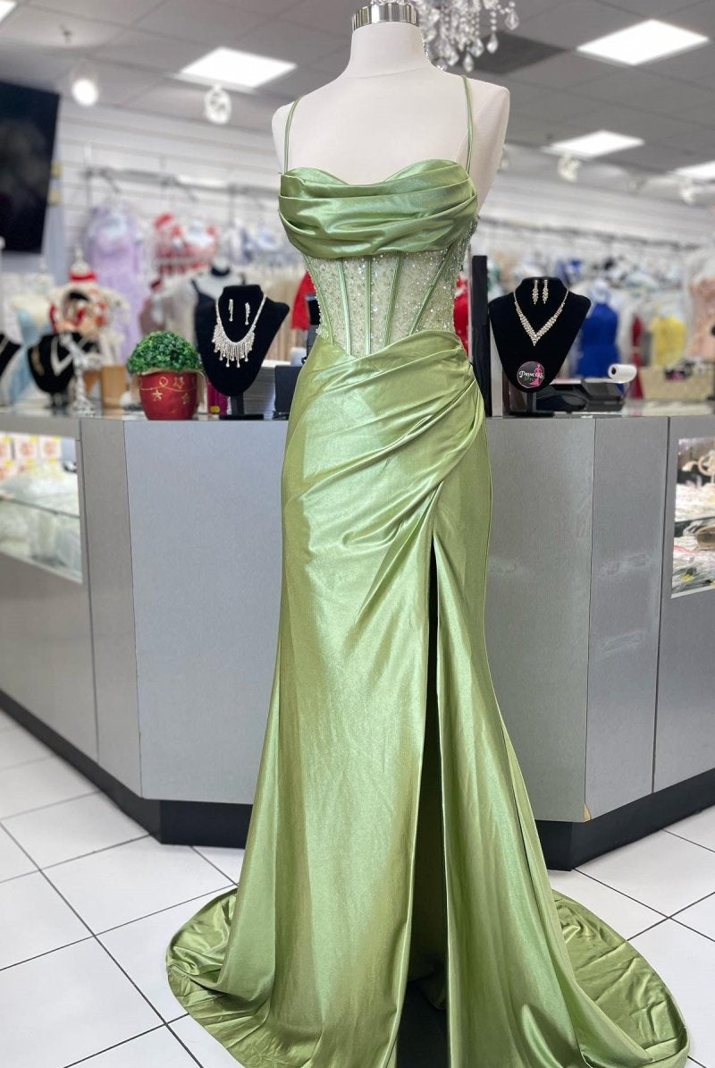 KissProm-Jeni Sage Scoop Neck Satin Mermaid Long Prom Dress with Slit