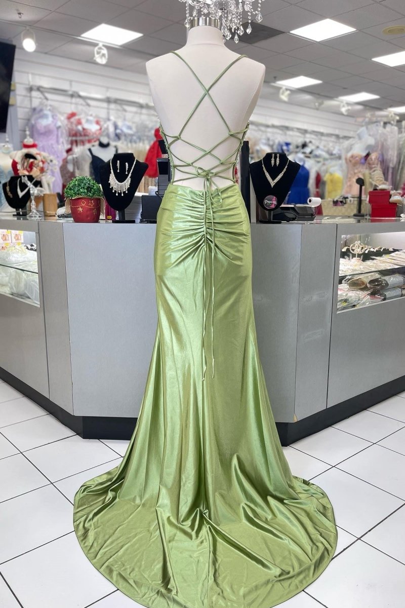 KissProm-Jeni Sage Scoop Neck Satin Mermaid Long Prom Dress with Slit