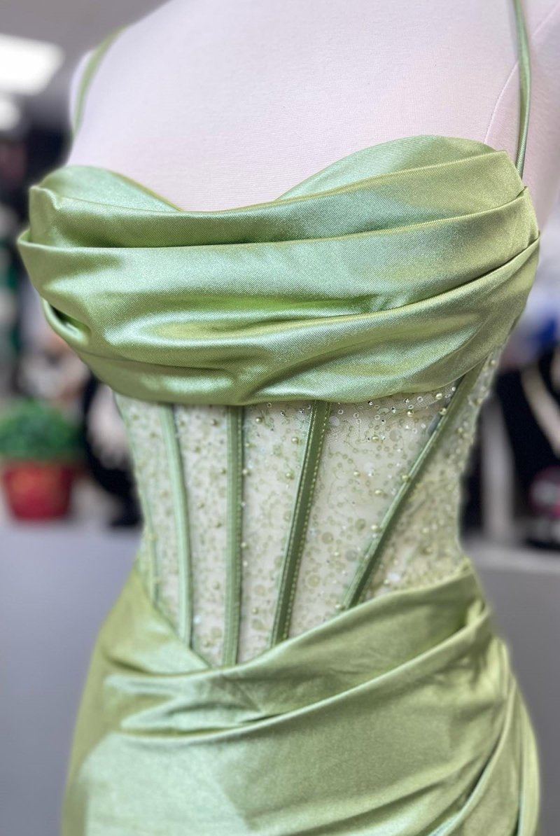 KissProm-Jeni Sage Scoop Neck Satin Mermaid Long Prom Dress with Slit