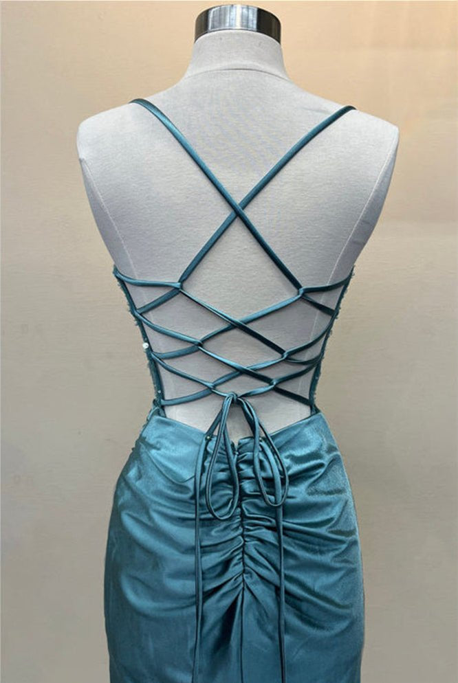 KissProm-Jeni Blue Scoop Neck Satin Mermaid Long Prom Dress with Slit