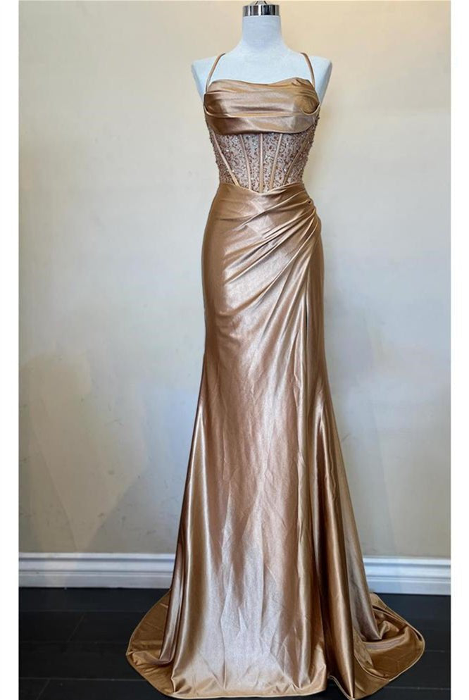 KissProm-Jeni Champagne Scoop Neck Satin Mermaid Long Prom Dress with Slit