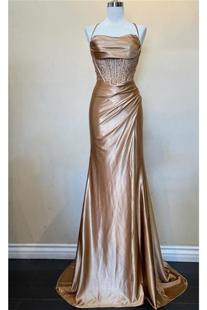 KissProm-Jeni Champagne Scoop Neck Satin Mermaid Long Prom Dress with Slit