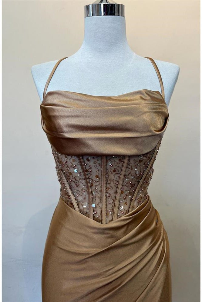 KissProm-Jeni Champagne Scoop Neck Satin Mermaid Long Prom Dress with Slit