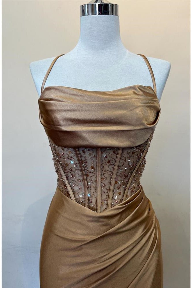 KissProm-Jeni Champagne Scoop Neck Satin Mermaid Long Prom Dress with Slit