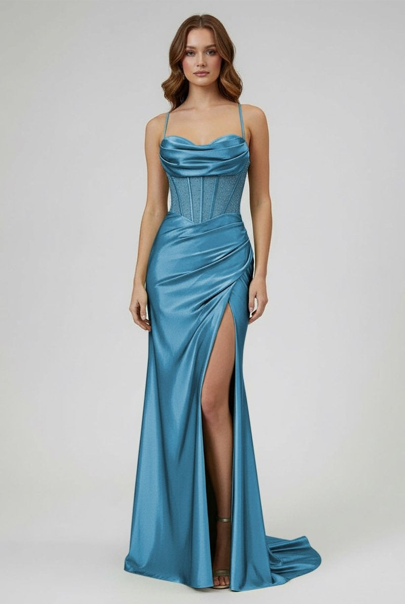 Jeni | Sage Scoop Neck Satin Mermaid Long Prom Dress with Slit - KissProm
