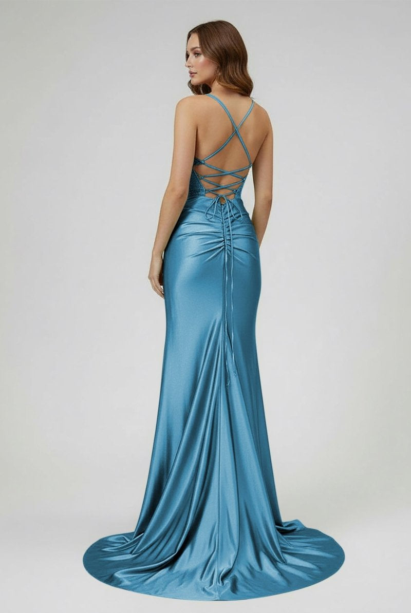 Jeni | Sage Scoop Neck Satin Mermaid Long Prom Dress with Slit - KissProm