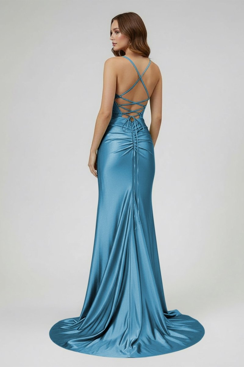 Jeni | Sage Scoop Neck Satin Mermaid Long Prom Dress with Slit - KissProm