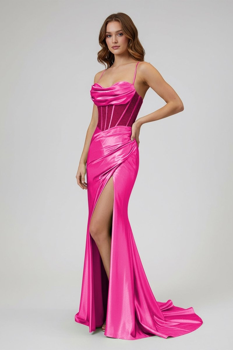 Jeni | Sage Scoop Neck Satin Mermaid Long Prom Dress with Slit - KissProm
